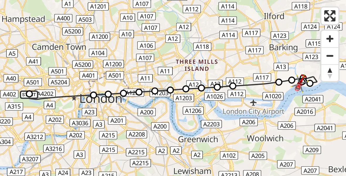 Flight route Air Ambulance Helicopter City of Westminster - Barking Riverside, 16 June 2026, 16:37