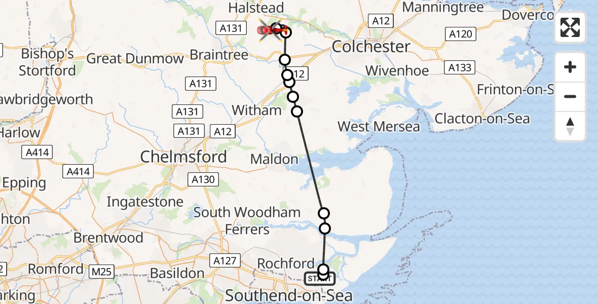 Flight route Air Ambulance Helicopter Rochford - Earls Colne Airfield, 16 June 2026, 16:44
