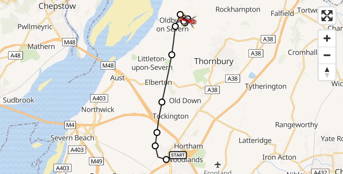 Flight route Air Ambulance Helicopter Almondsbury Helicopter Base - Oldbury on Severn, 16 June 2026, 16:48