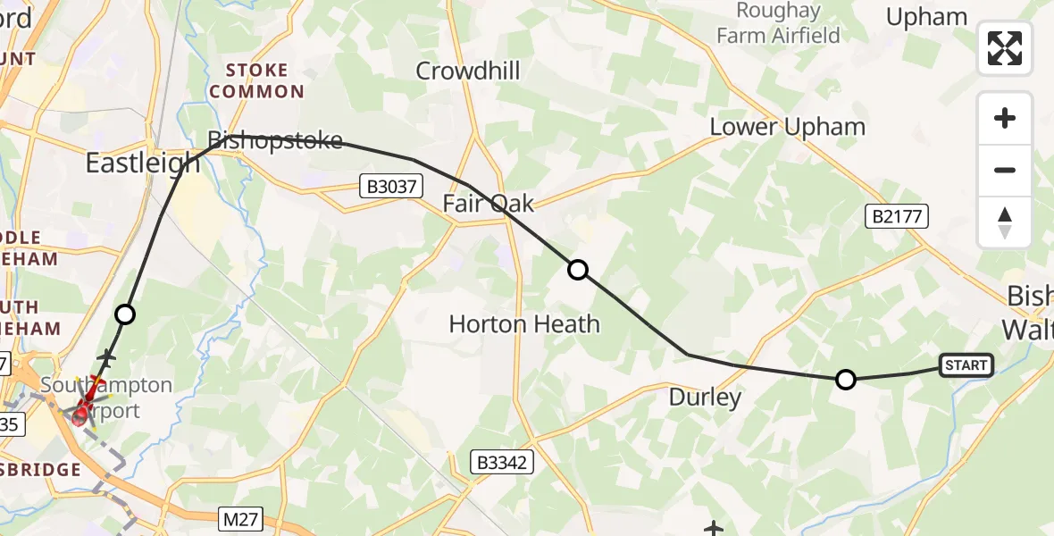 Flight route Air Ambulance Helicopter Bishop's Waltham - Southampton Airport, 16 June 2026, 17:04