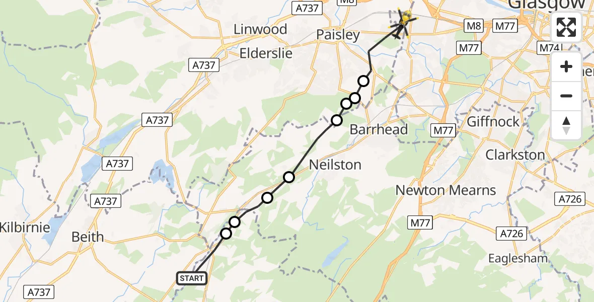Flight route Police Helicopter Lugton - Glasgow, 16 June 2026, 17:06
