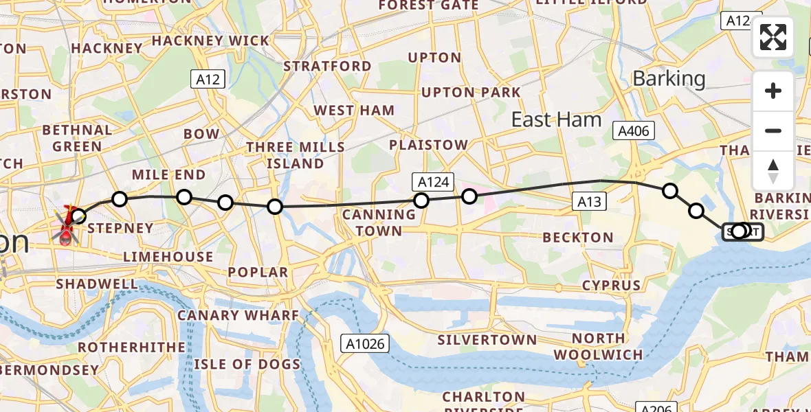 Flight route Air Ambulance Helicopter Barking Riverside - Royal London Hospital, 16 June 2026, 17:20