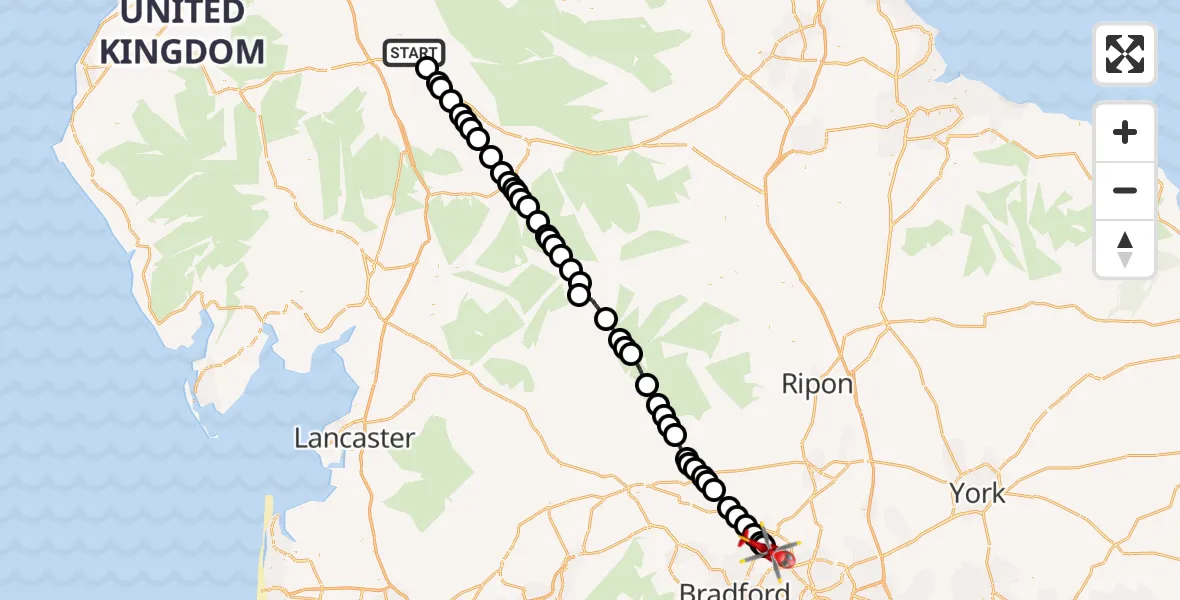 Flight route Air Ambulance Helicopter Culgaith - Leeds Bradford Airport, 16 June 2026, 17:25