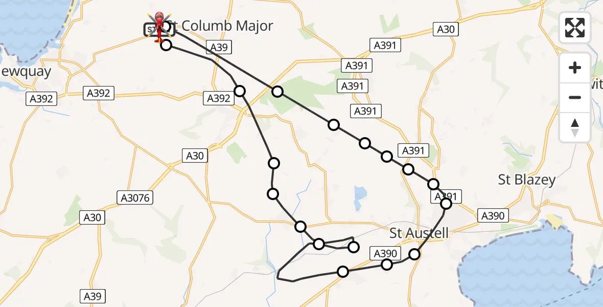 Flight route Air Ambulance Helicopter Cornwall Airport Newquay - Cornwall Airport Newquay, 16 June 2026, 17:31