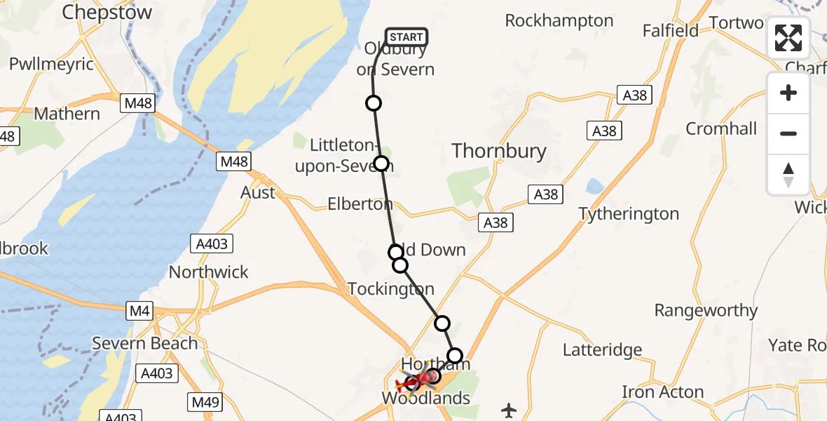 Flight route Air Ambulance Helicopter Oldbury on Severn - Almondsbury Helicopter Base, 16 June 2026, 17:42