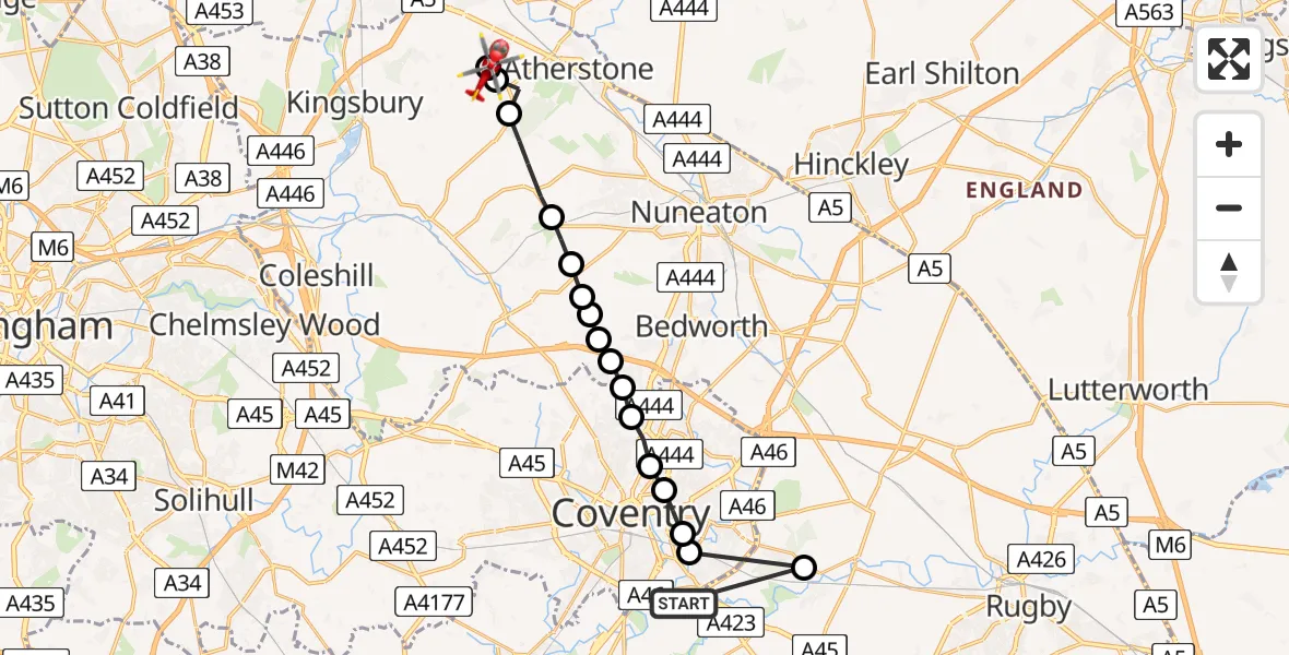 Flight route Air Ambulance Helicopter Coventry Airport - Baddesley Ensor, 16 June 2026, 17:50