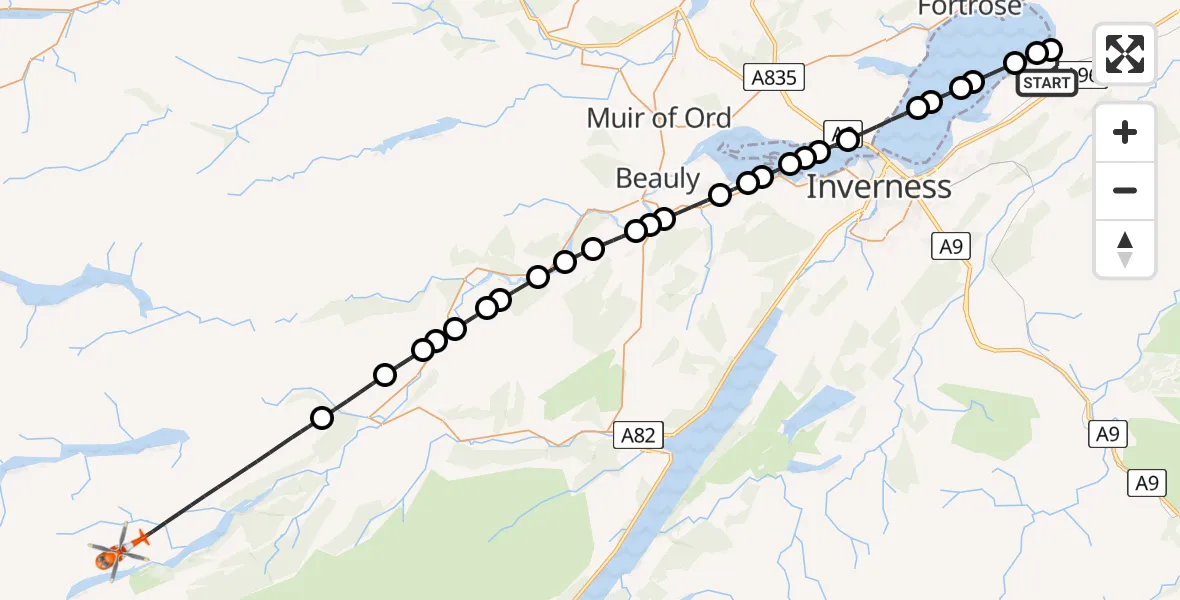 Flight route Coastguard Helicopter Inverness Airport - Highland, 16 June 2026, 17:52