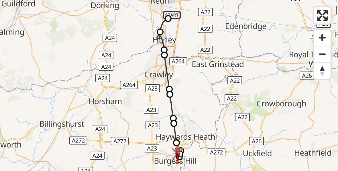 Flight route Air Ambulance Helicopter Redhill Aerodrome - Burgess Hill, 16 June 2026, 17:52