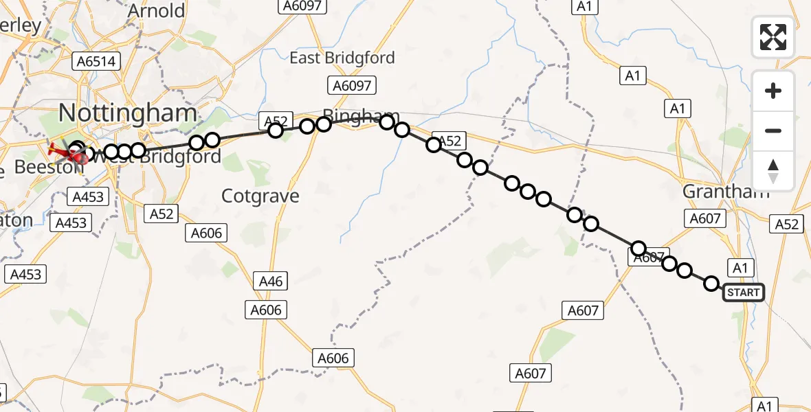 Flight route Air Ambulance Helicopter Great Ponton - Beeston, 16 June 2026, 18:01