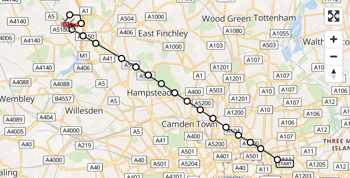 Flight route Air Ambulance Helicopter Royal London Hospital - Colindale, 16 June 2026, 18:03