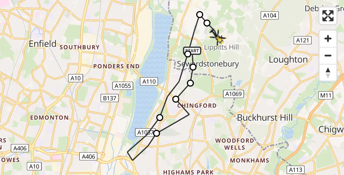 Flight route Police Helicopter Chingford - Metropolitan Police Air Support Unit Lippitts Hill, 16 June 2026, 18:08