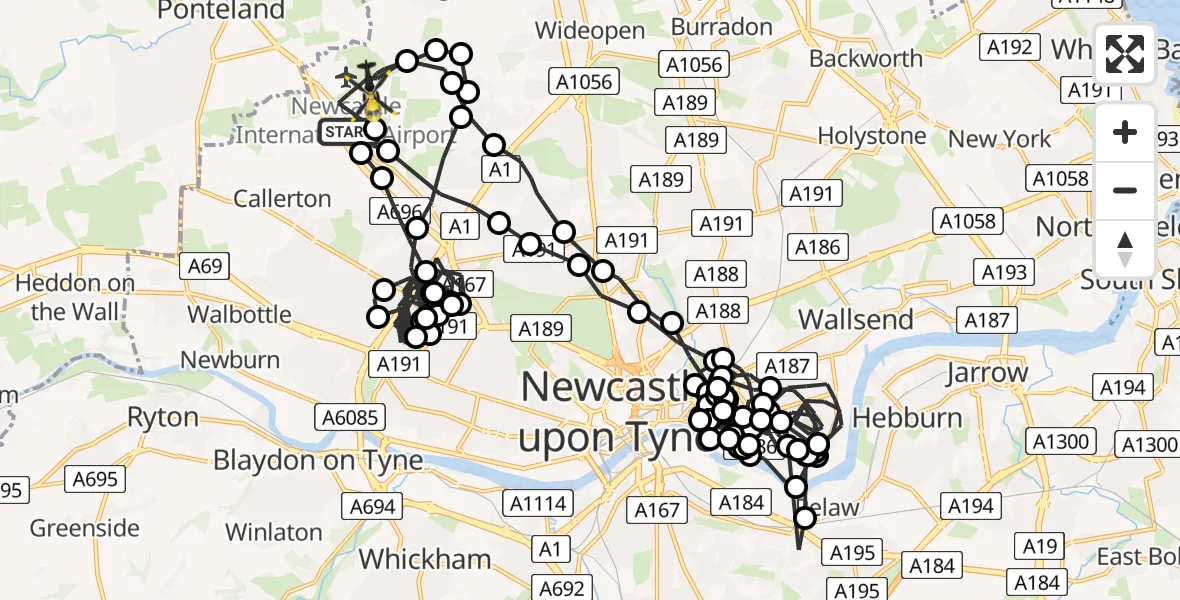 Flight route Police Helicopter Woolsington - Newcastle International Airport, 16 June 2026, 18:09