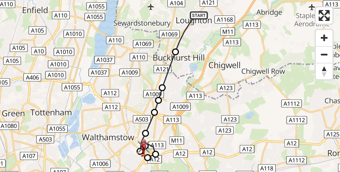 Flight route Air Ambulance Helicopter Loughton - Leytonstone, 16 June 2026, 18:17