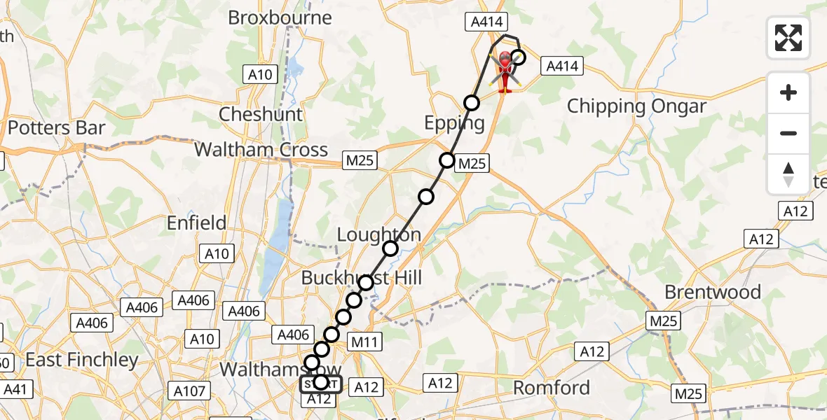 Flight route Air Ambulance Helicopter Leytonstone - North Weald Airfield, 16 June 2026, 18:28