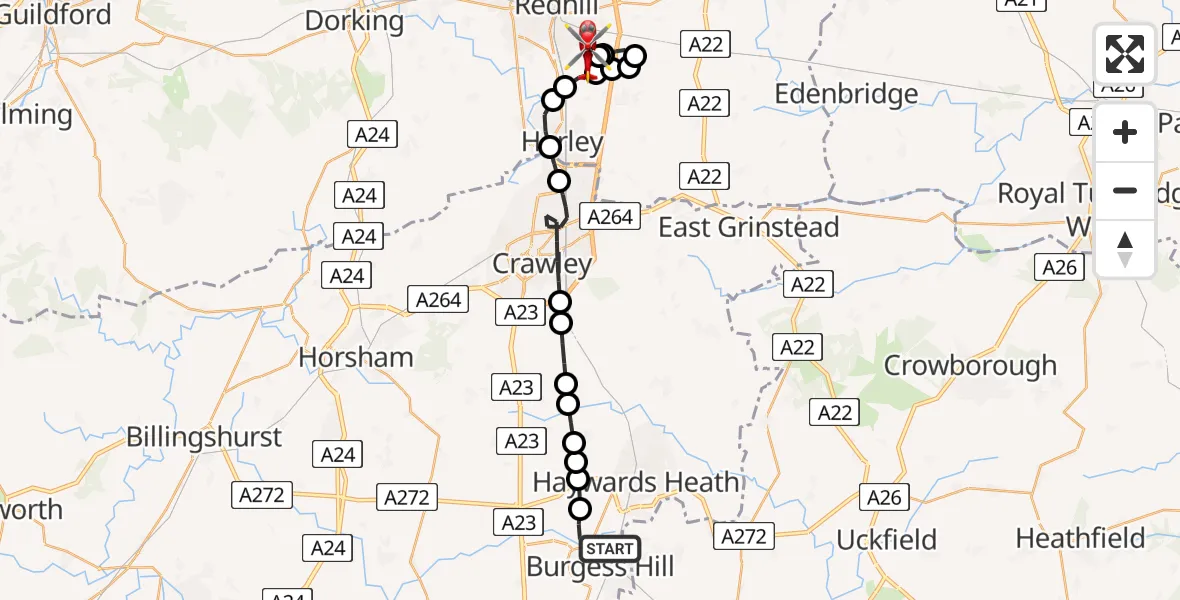 Flight route Air Ambulance Helicopter Burgess Hill - Redhill Aerodrome, 16 June 2026, 18:35