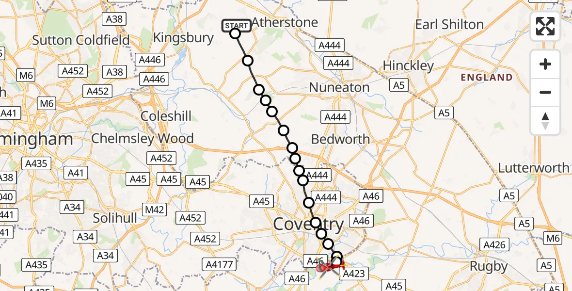 Flight route Air Ambulance Helicopter Baxterley CP - Coventry Airport, 16 June 2026, 18:44