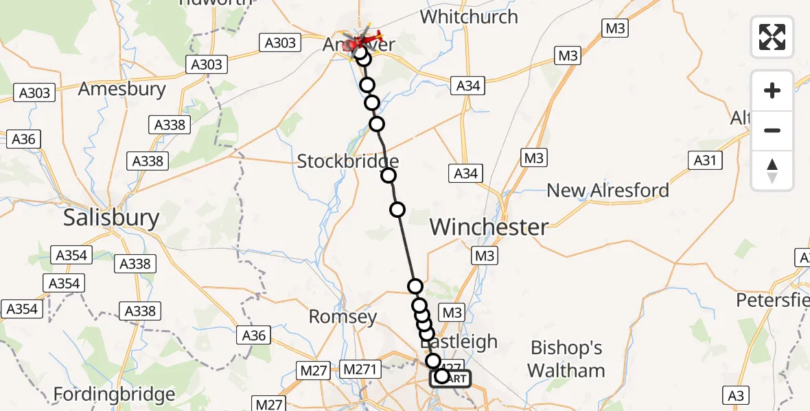 Flight route Air Ambulance Helicopter Southampton Airport - Andover, 16 June 2026, 18:51