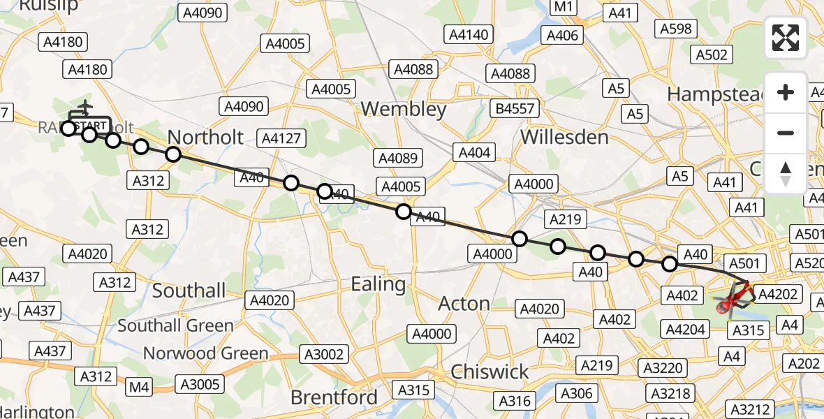 Flight route Air Ambulance Helicopter RAF Northolt - City of Westminster, 16 June 2026, 18:55