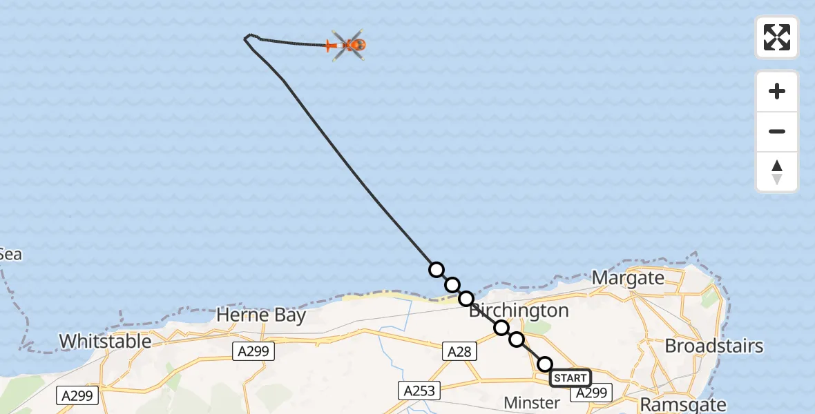 Flight route Coastguard Helicopter Manston Airport - North Sea, 16 June 2026, 18:56