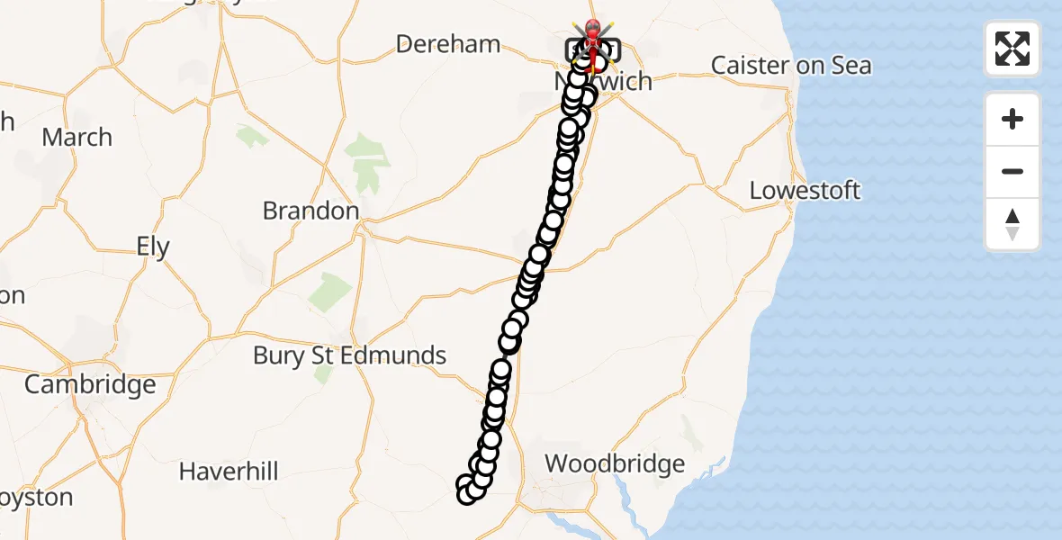 Flight route Air Ambulance Helicopter Norwich Airport - Norwich Airport, 16 June 2026, 19:04