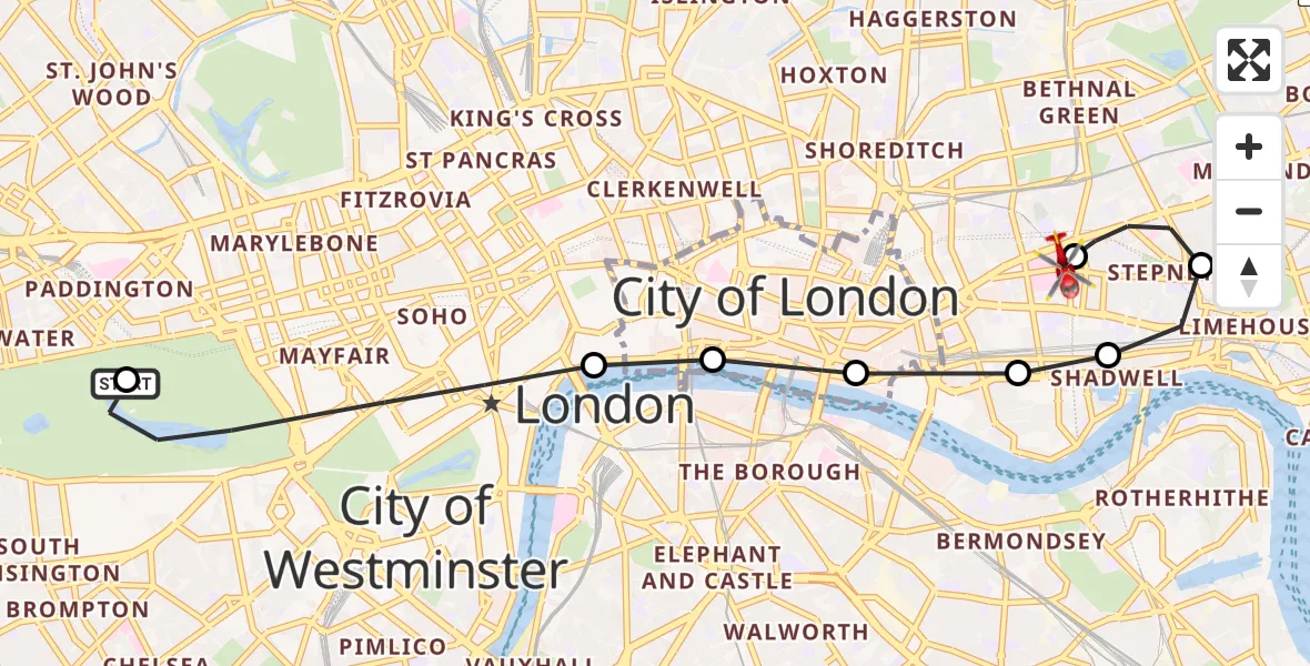 Flight route Air Ambulance Helicopter City of Westminster - Royal London Hospital, 16 June 2026, 19:10