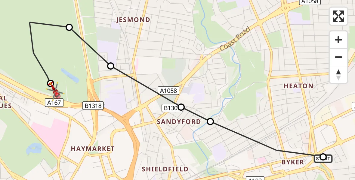 Flight route Air Ambulance Helicopter Byker - Grainger Town, 16 June 2026, 19:16