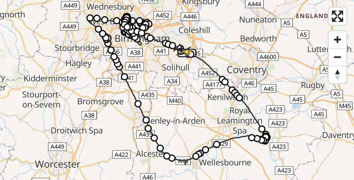 Flight route Police Helicopter Birmingham Airport - Birmingham Airport, 16 June 2026, 19:16
