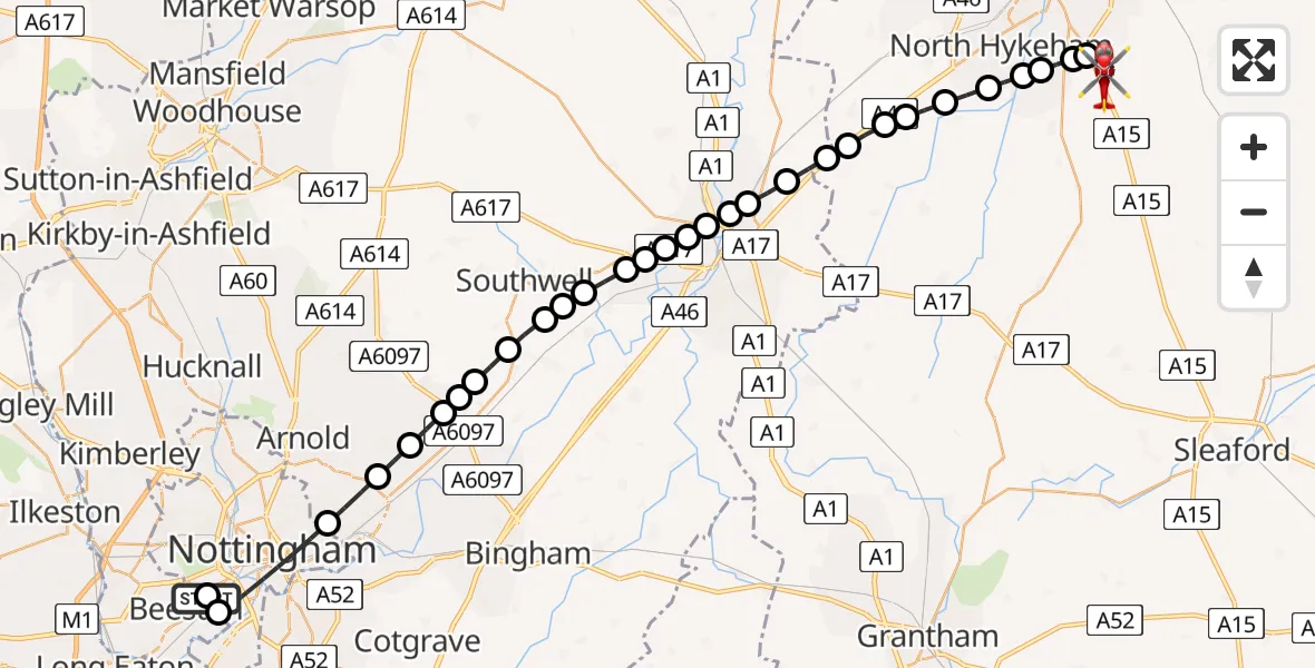 Flight route Air Ambulance Helicopter City of Nottingham - North Kesteven, 16 June 2026, 19:30
