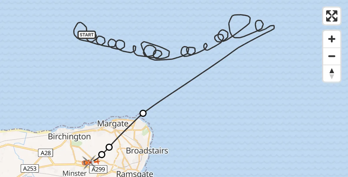 Flight route Coastguard Helicopter North Sea - Manston Airport, 16 June 2026, 19:32