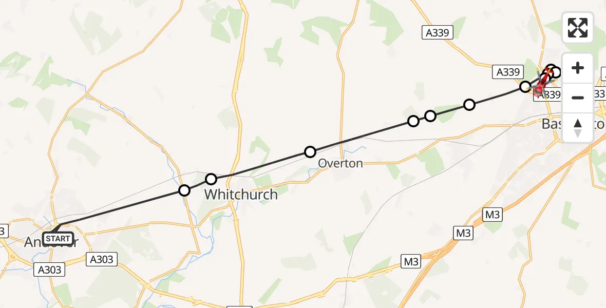 Flight route Air Ambulance Helicopter Andover - Basingstoke, 16 June 2026, 19:33