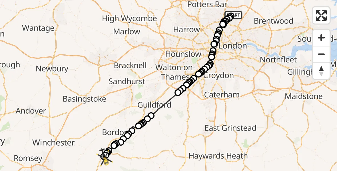Flight route Police Helicopter Sewardstonebury - Petersfield, 16 June 2026, 19:58