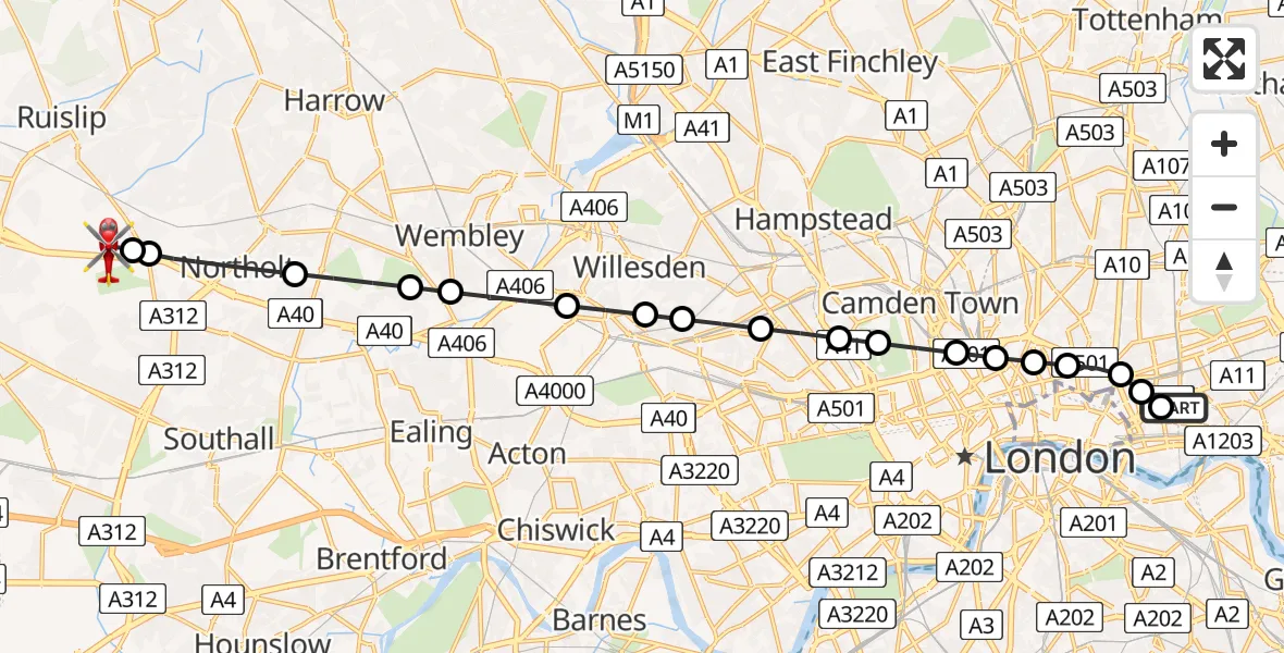 Flight route Air Ambulance Helicopter Royal London Hospital - RAF Northolt, 16 June 2026, 20:23