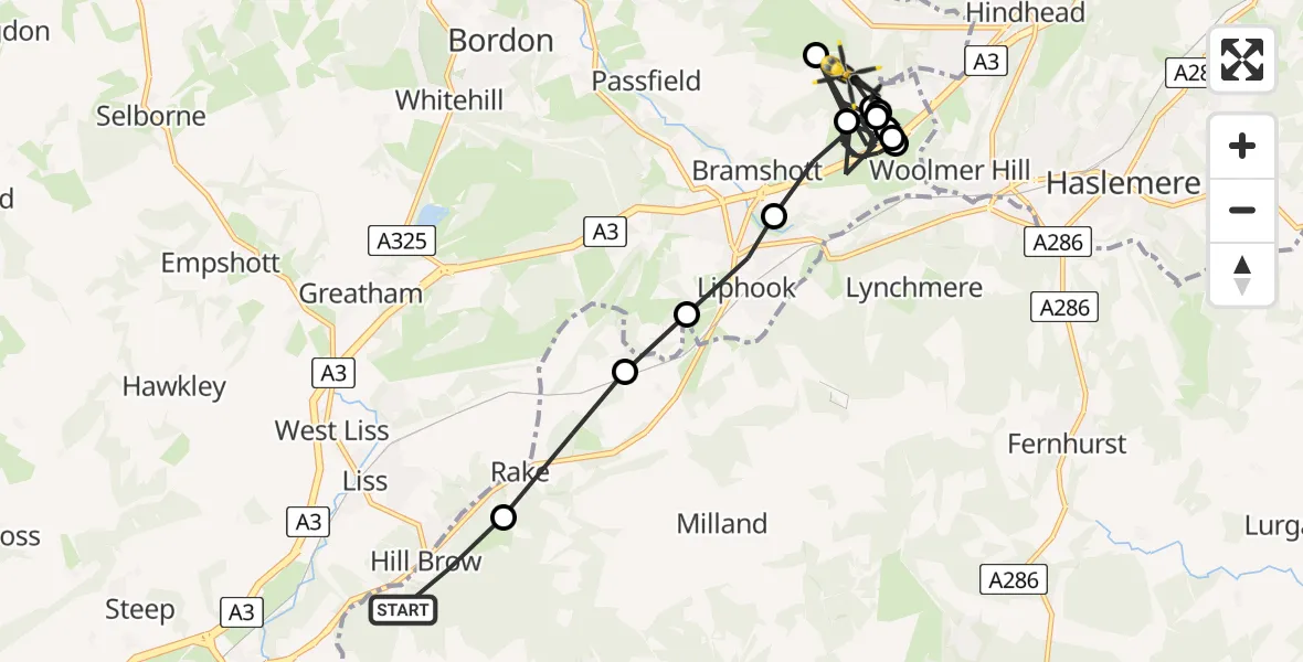 Flight route Police Helicopter Hill Brow - Bramshott, 16 June 2026, 20:32