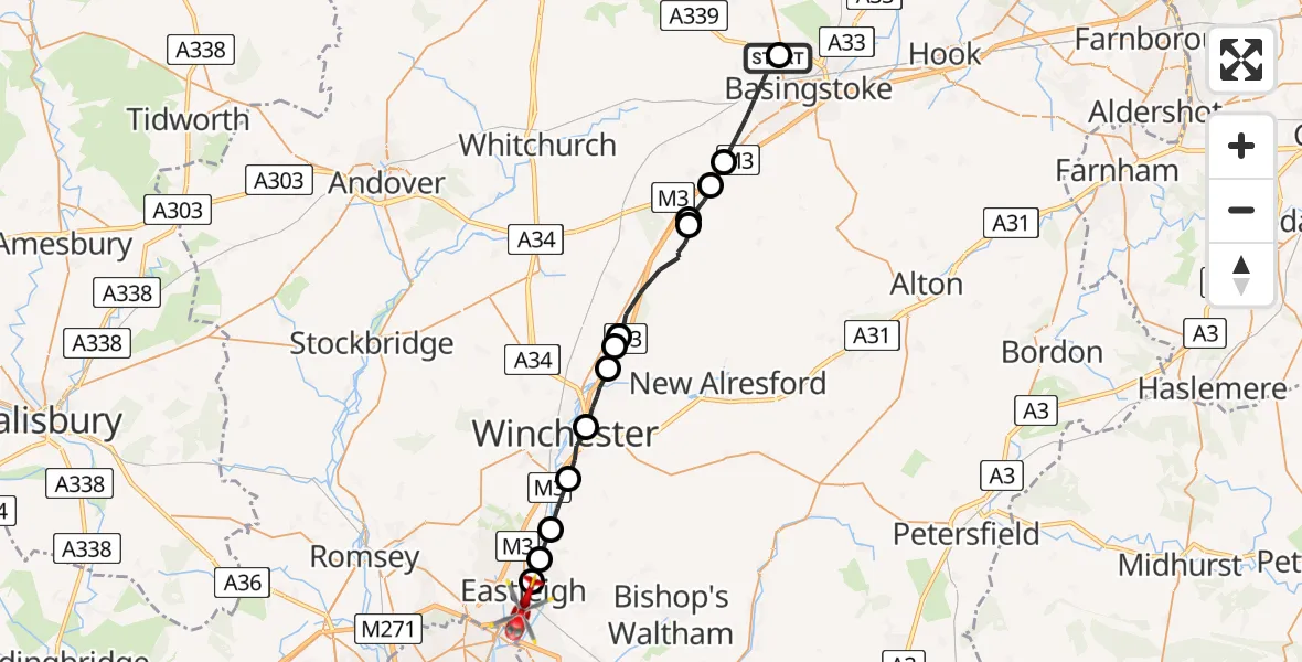 Flight route Air Ambulance Helicopter North Hampshire Hospital - Southampton Airport, 16 June 2026, 20:42