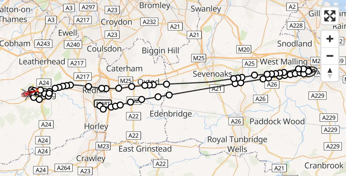 Flight route Air Ambulance Helicopter Redhill Aerodrome - Westcott, 16 June 2026, 20:52