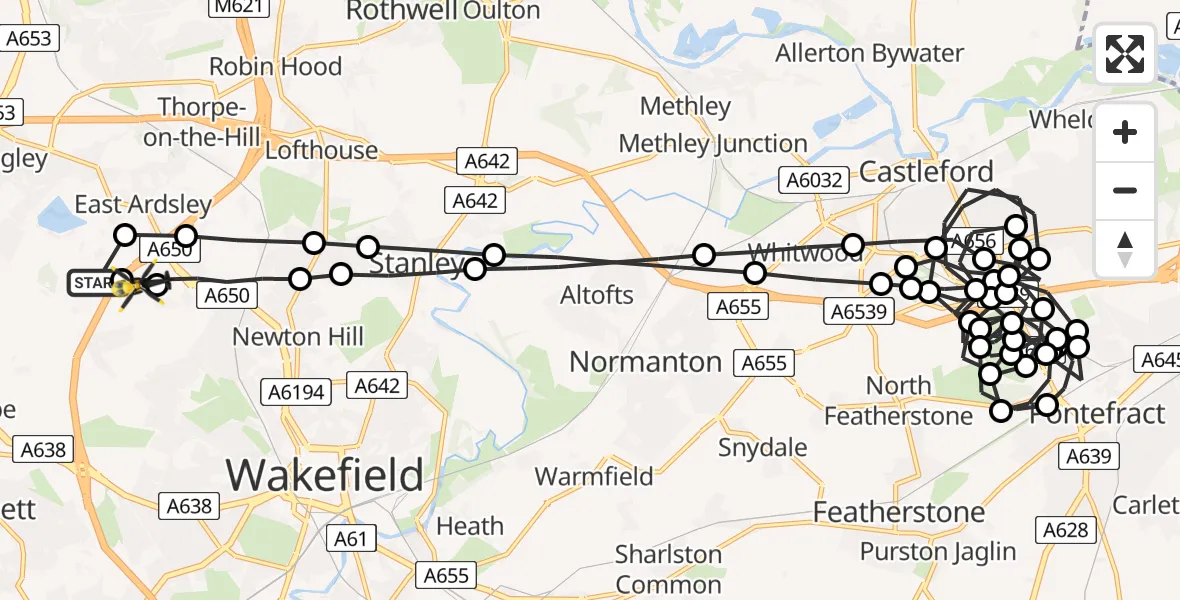 Flight route Police Helicopter East Ardsley - East Ardsley, 16 June 2026, 20:58