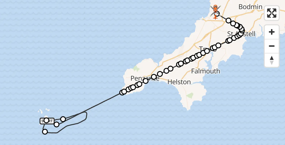 Flight route Coastguard Helicopter St. Mary's Airport - Cornwall Airport Newquay, 16 June 2026, 21:01