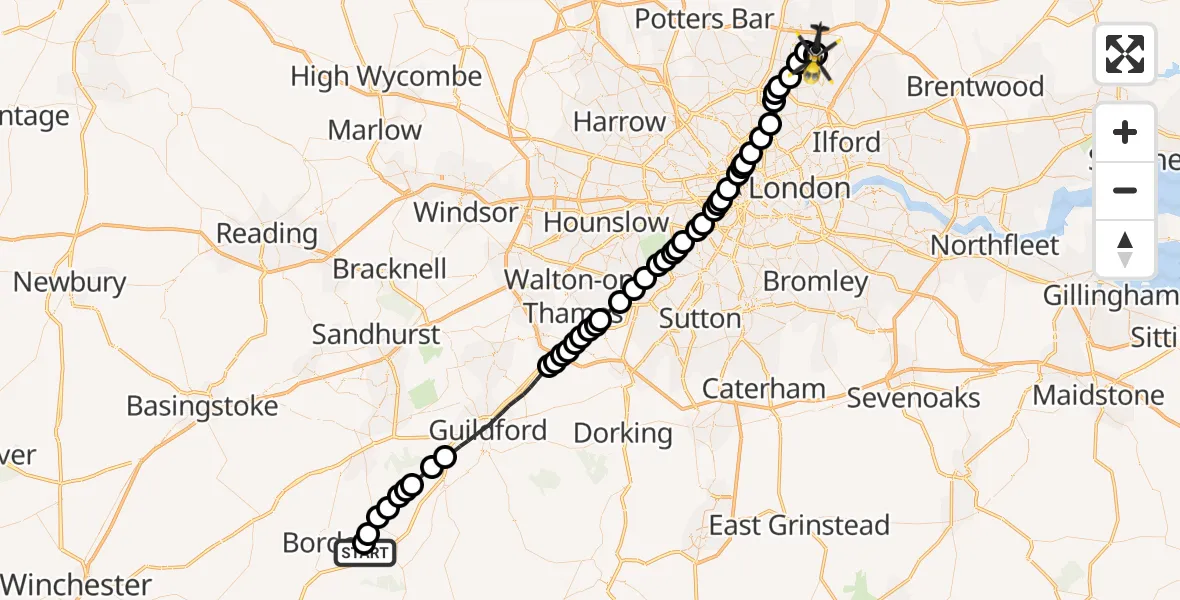 Flight route Police Helicopter Bramshott - Sewardstonebury, 16 June 2026, 21:04