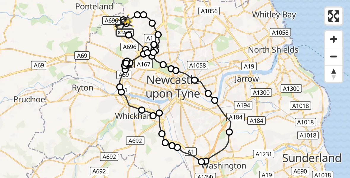 Flight route Police Helicopter Woolsington - Newcastle International Airport, 16 June 2026, 21:18