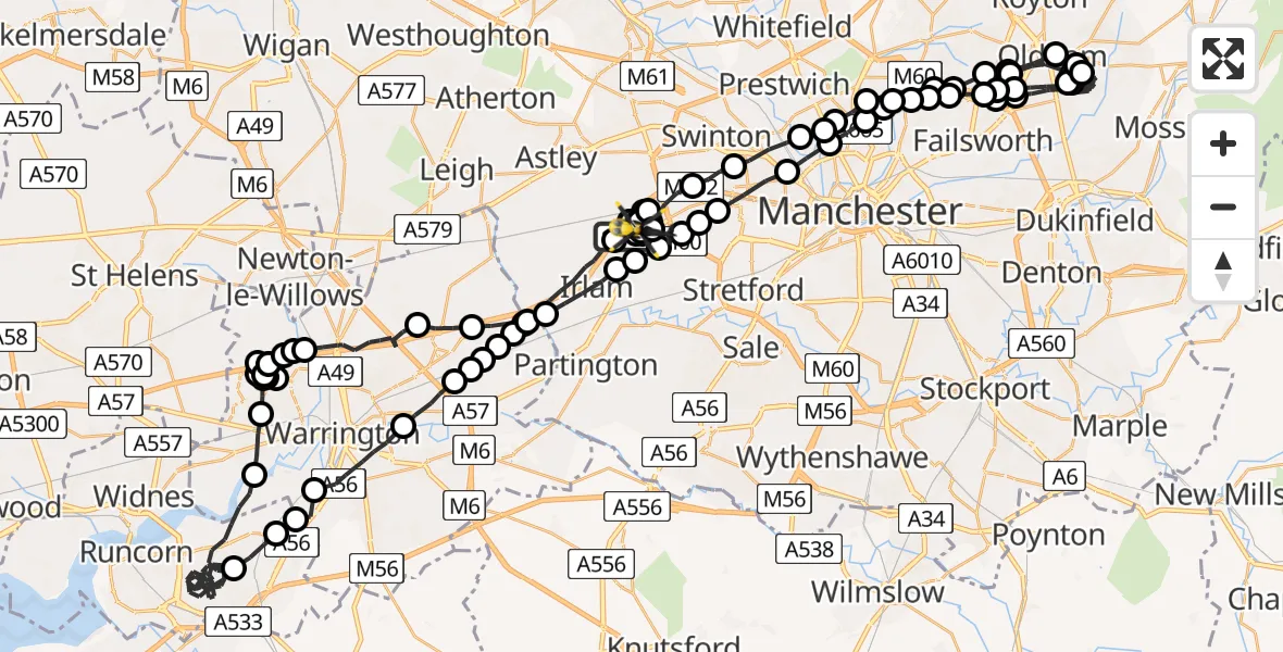 Flight route Police Helicopter Manchester Barton Aerodrome - Manchester Barton Aerodrome, 16 June 2026, 21:23
