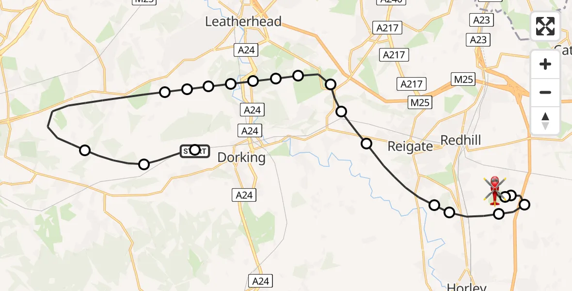 Flight route Air Ambulance Helicopter Mole Valley - Redhill Aerodrome, 16 June 2026, 21:57