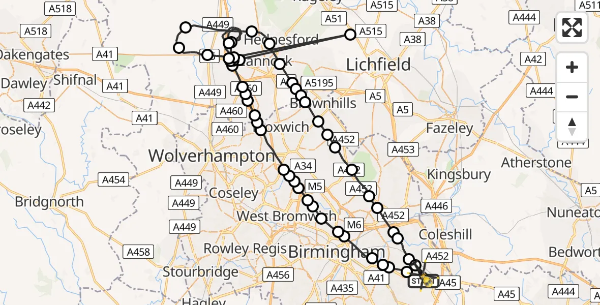 Flight route Police Helicopter Birmingham Airport - Birmingham Airport, 16 June 2026, 22:29