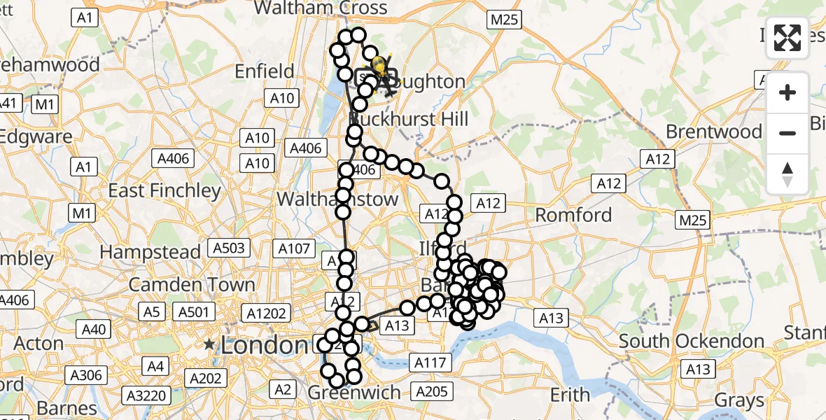 Flight route Police Helicopter Metropolitan Police Air Support Unit Lippitts Hill - Sewardstonebury, 16 June 2026, 22:36
