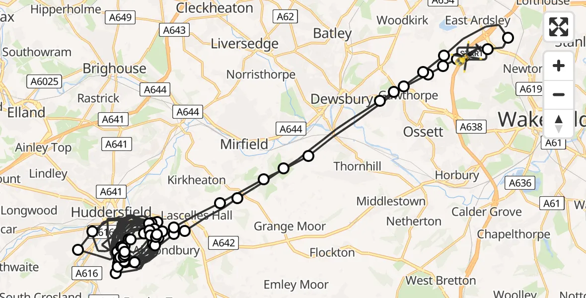 Flight route Police Helicopter East Ardsley - East Ardsley, 16 June 2026, 23:17
