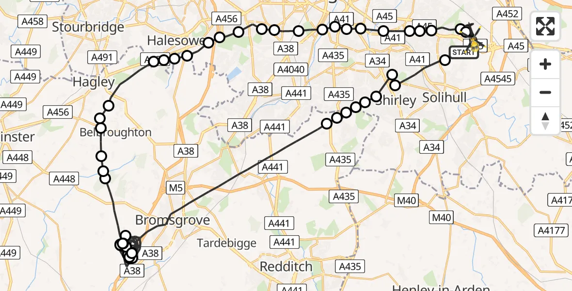 Flight route Police Helicopter Solihull - Birmingham Airport, 17 June 2026, 00:06