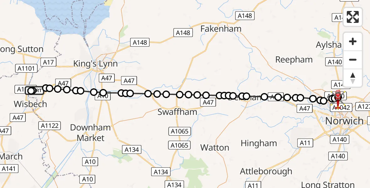 Flight route Air Ambulance Helicopter West Walton - Norwich Airport, 17 June 2026, 00:13