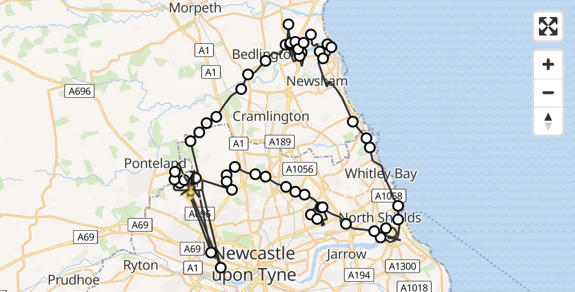 Flight route Police Helicopter Newcastle International Airport - Newcastle International Airport, 17 June 2026, 00:38