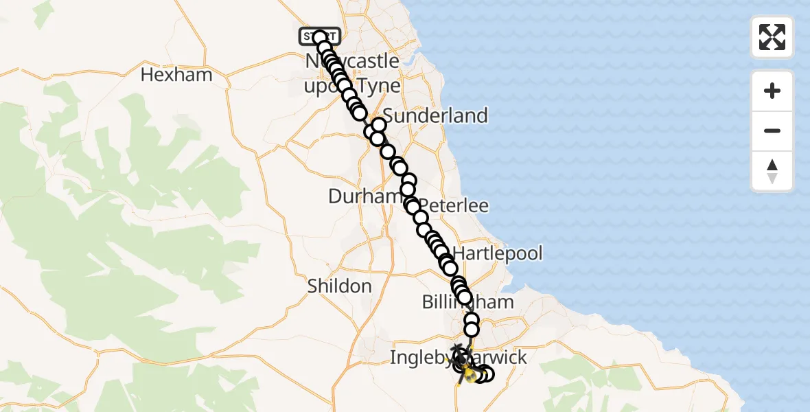 Flight route Police Helicopter Newcastle International Airport - Maltby, 17 June 2026, 02:49
