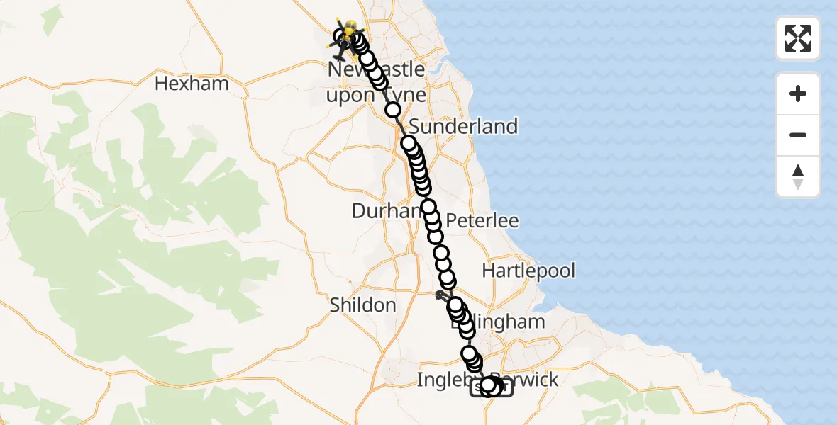 Flight route Police Helicopter Ingleby Barwick - Newcastle International Airport, 17 June 2026, 03:24