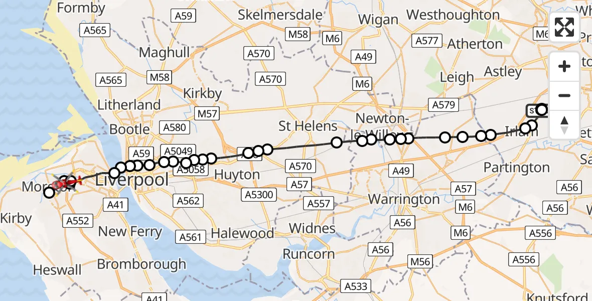 Flight route Air Ambulance Helicopter Manchester Barton Aerodrome - Bidston Hill, 17 June 2026, 06:14